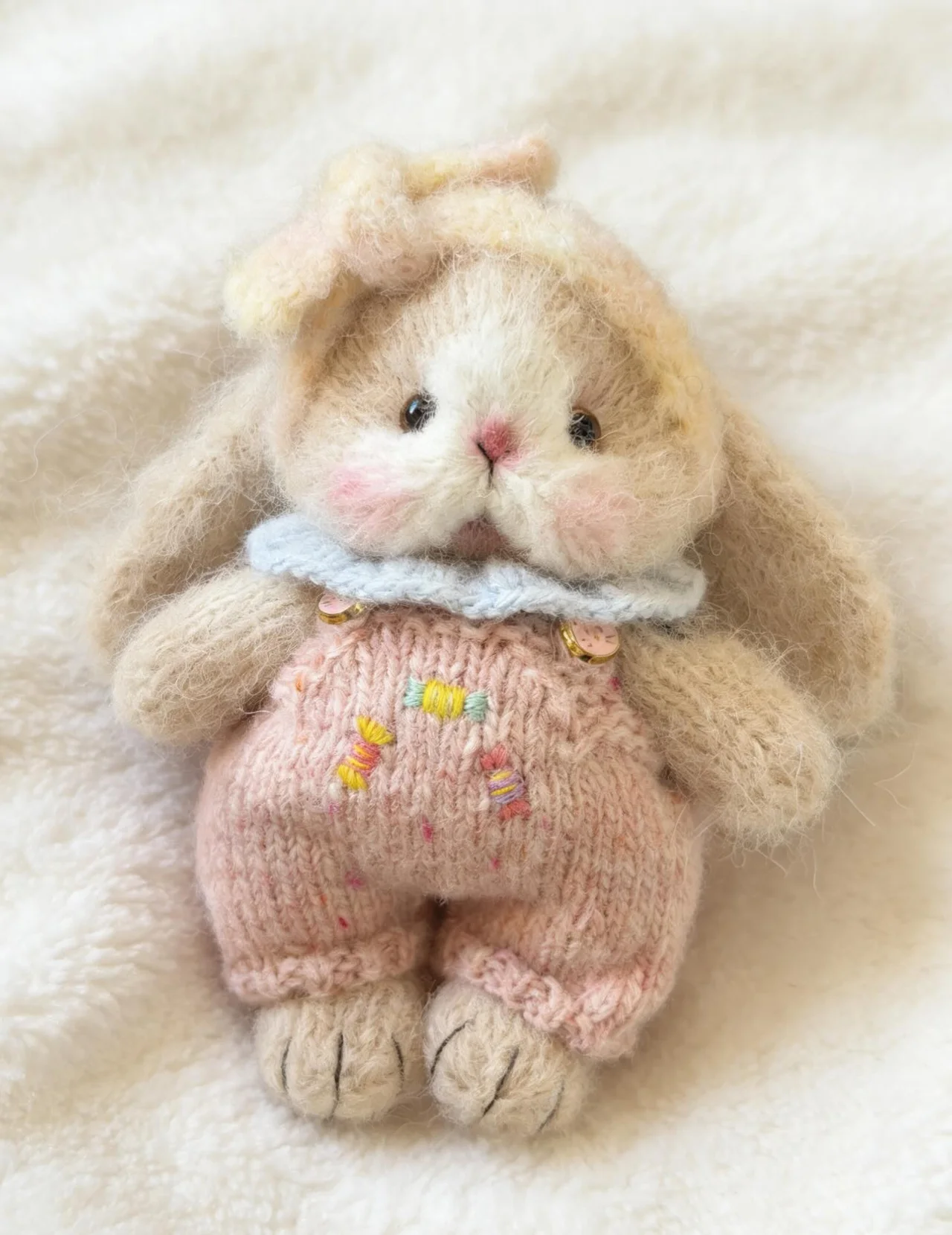 Soft beige knitted bunny wearing pink dungarees with embroidered flowers and a pale blue collar on a white blanket