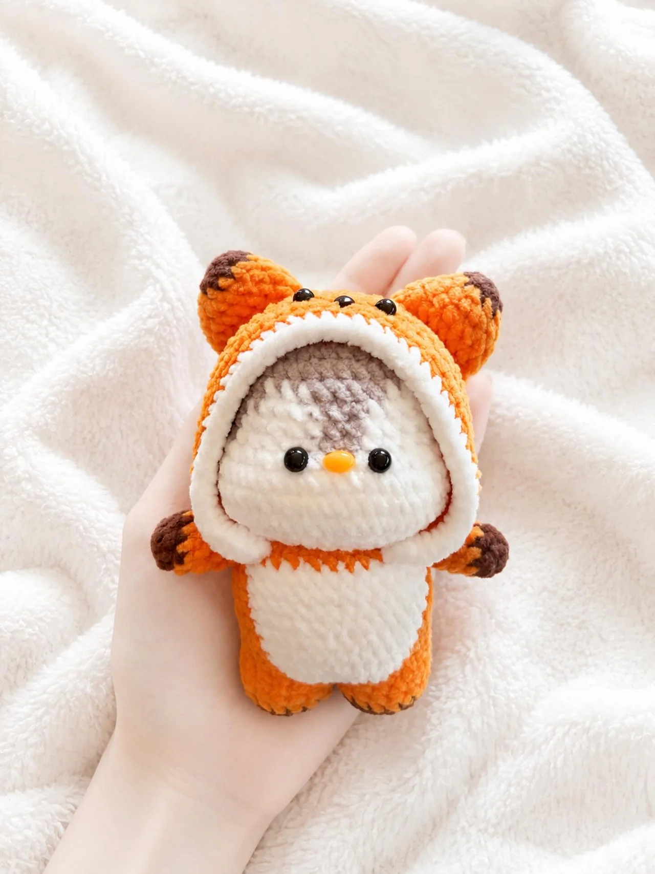 Grey and white crochet penguin in an orange tiger costume with striped ears, held over a white blanket