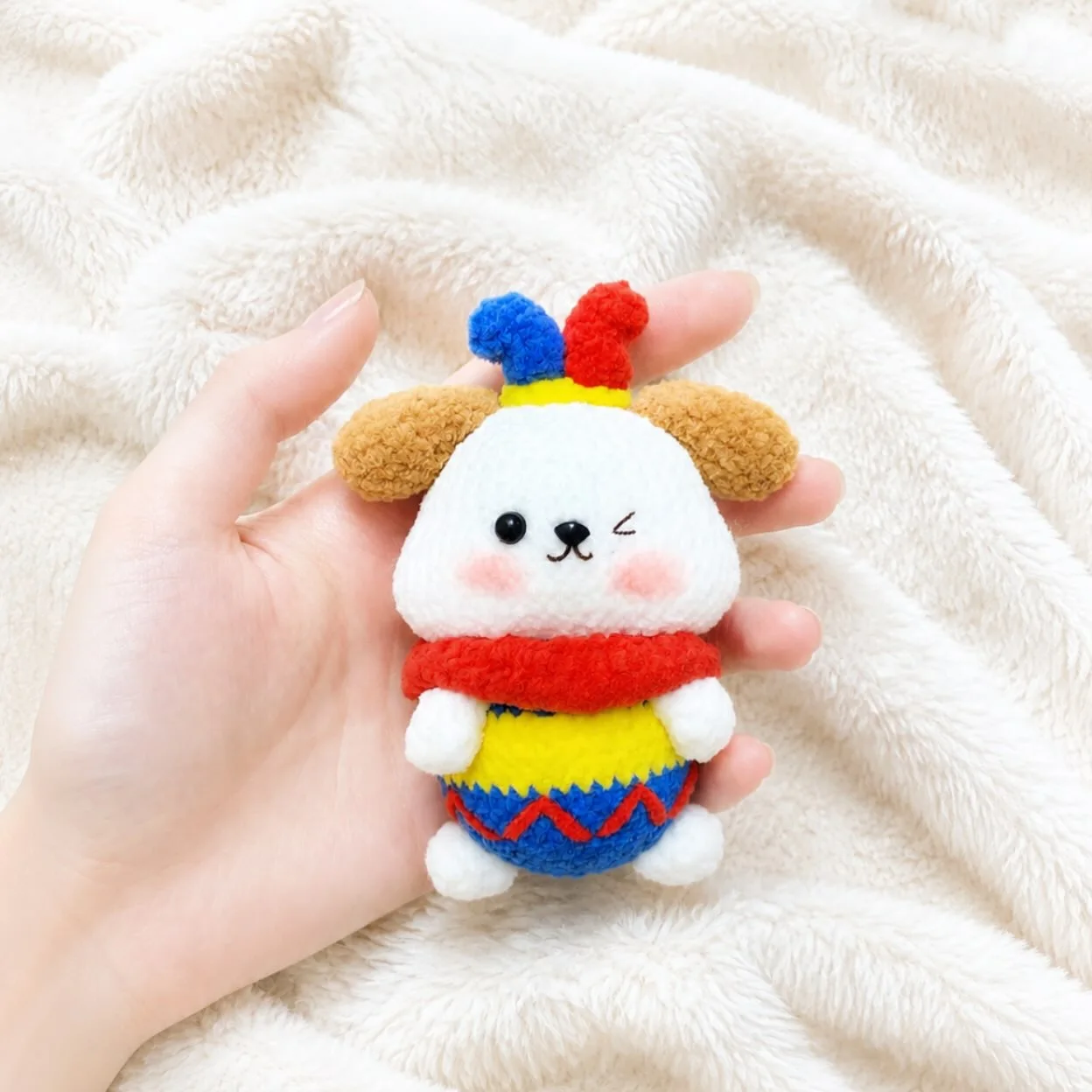 White and tan crochet dog winking beneath a colourful hat, with a red scarf and blue trousers, held over a white blanket
