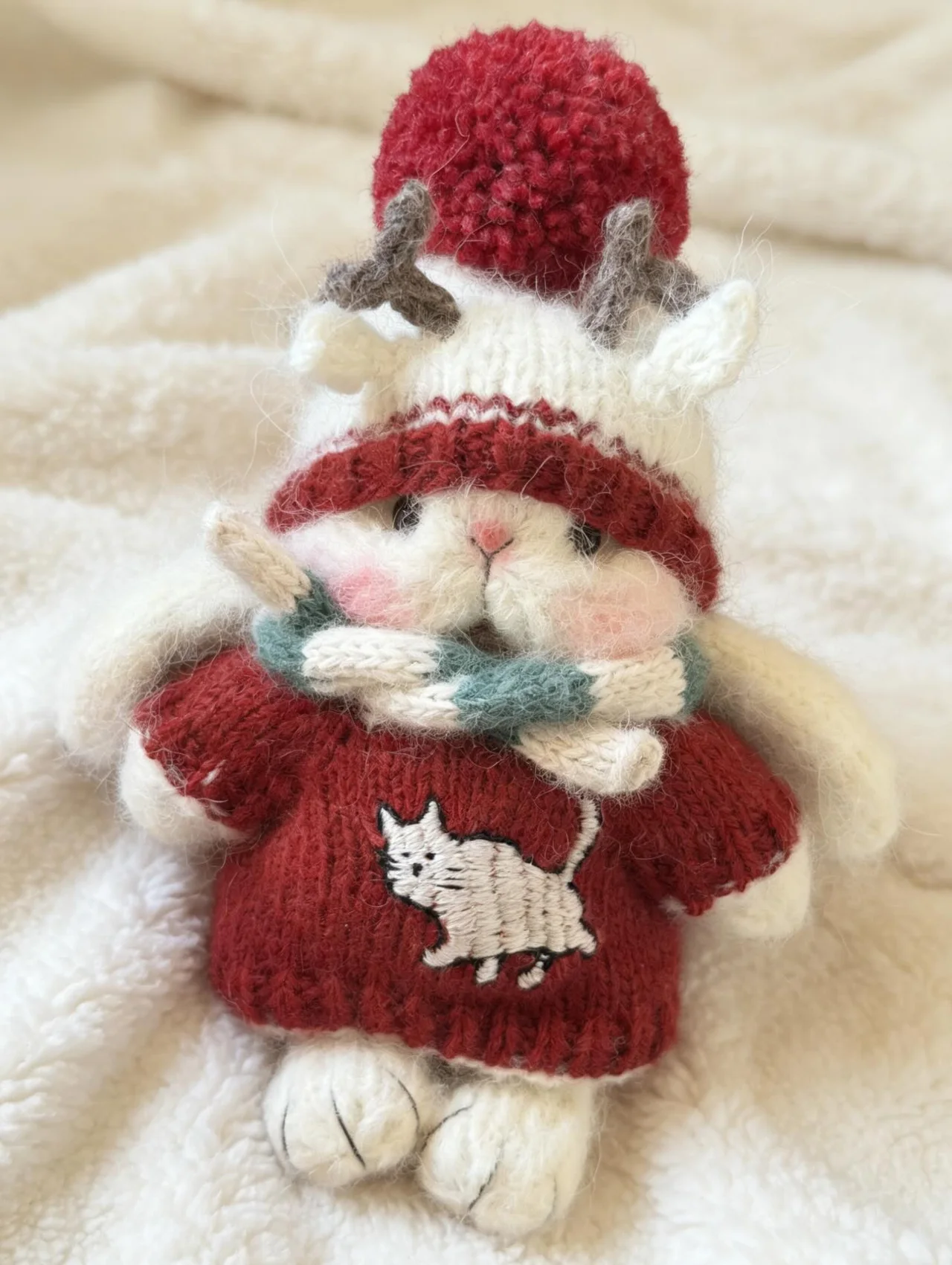 Soft knitted bunny in a red jumper, red and cream pom-pom hat with antlers and a striped scarf, sitting on a white blanket