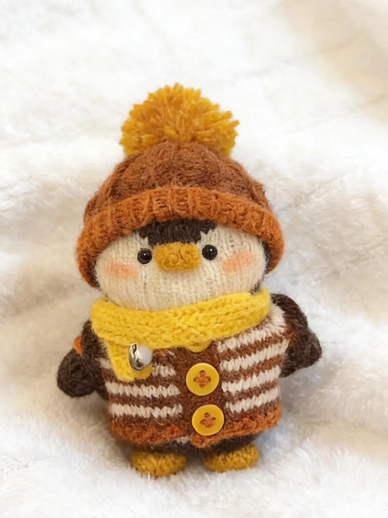 Knitted penguin in a brown striped cardigan, orange pom-pom hat and yellow scarf on a white blanket